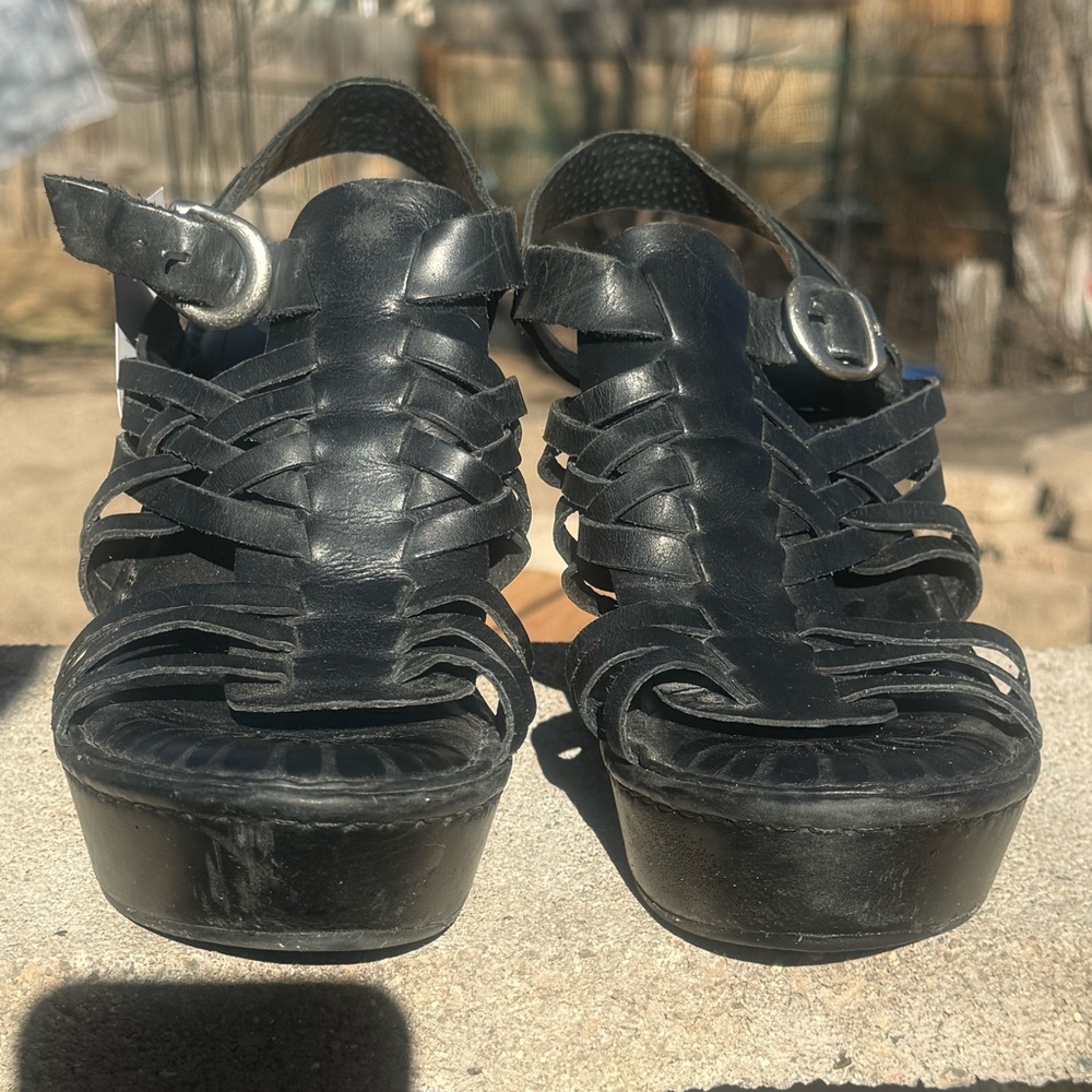 Born Neema Black Leather Strappy Gladiator Wedge Sandals - Picture 6 of 9